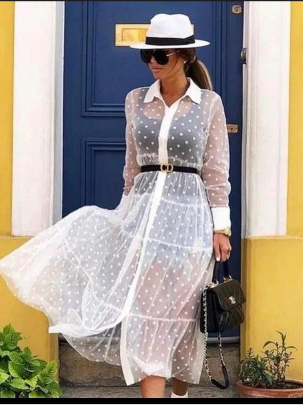 Zara White Sheer Polka Dot Midi Shirt Dress